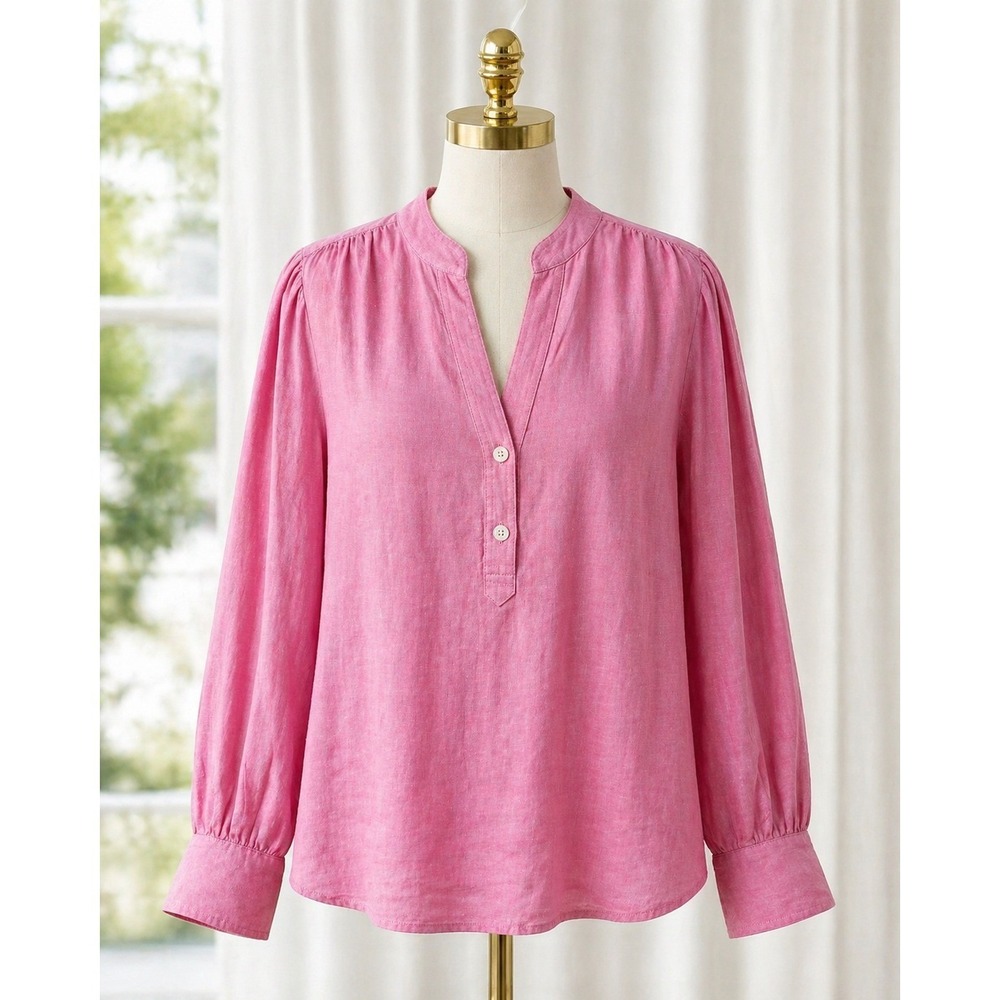 J.McLaughlin 100% Linen Popover Henley Top Blouse XL Pink Split Neck Long Sleeve